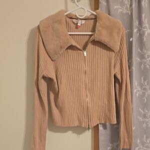 No Boundaries Ribbed Teddy Collar Zip-Up Jacket - Beige